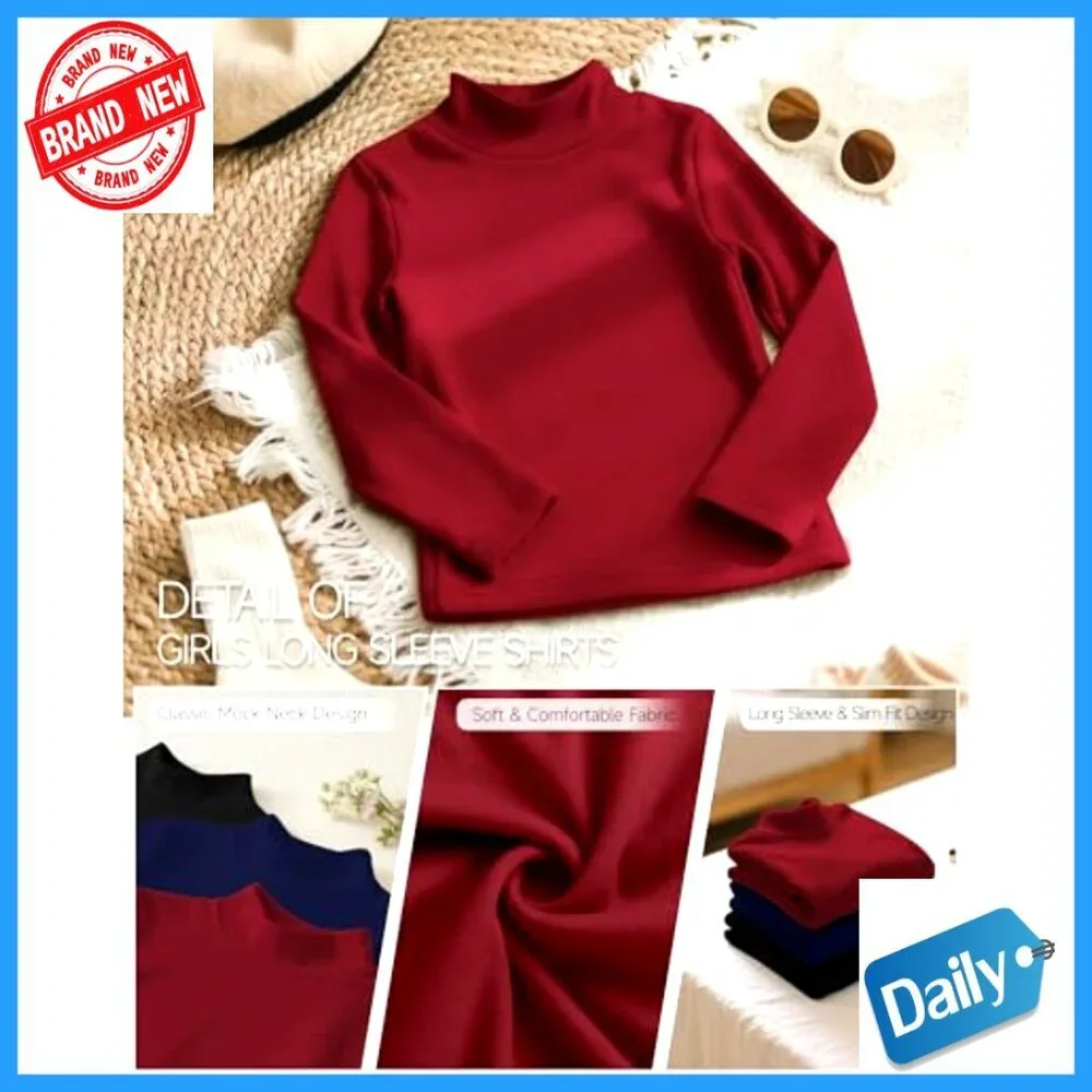 Girls' Mock Turtleneck Long Sleeve Tees 3 Pack Warm Slim Fit Basic Layer